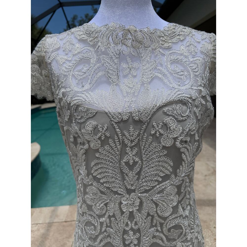Tadashi Shoji Dress Lace Embroidery Metallic Mesh Sheath Evening Gown Cocktail - Picture 4 of 9